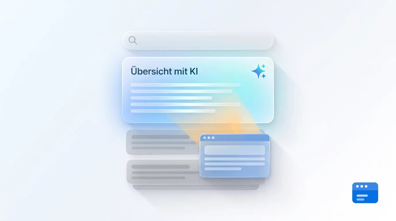 Gläserne 3D-Illustration einer Suchleiste mit darüberliegendem KI-Antwortpanel und darunter kleineren Suchergebnis-Karten – Symbol für Google AI Overviews über den klassischen Suchergebnissen
