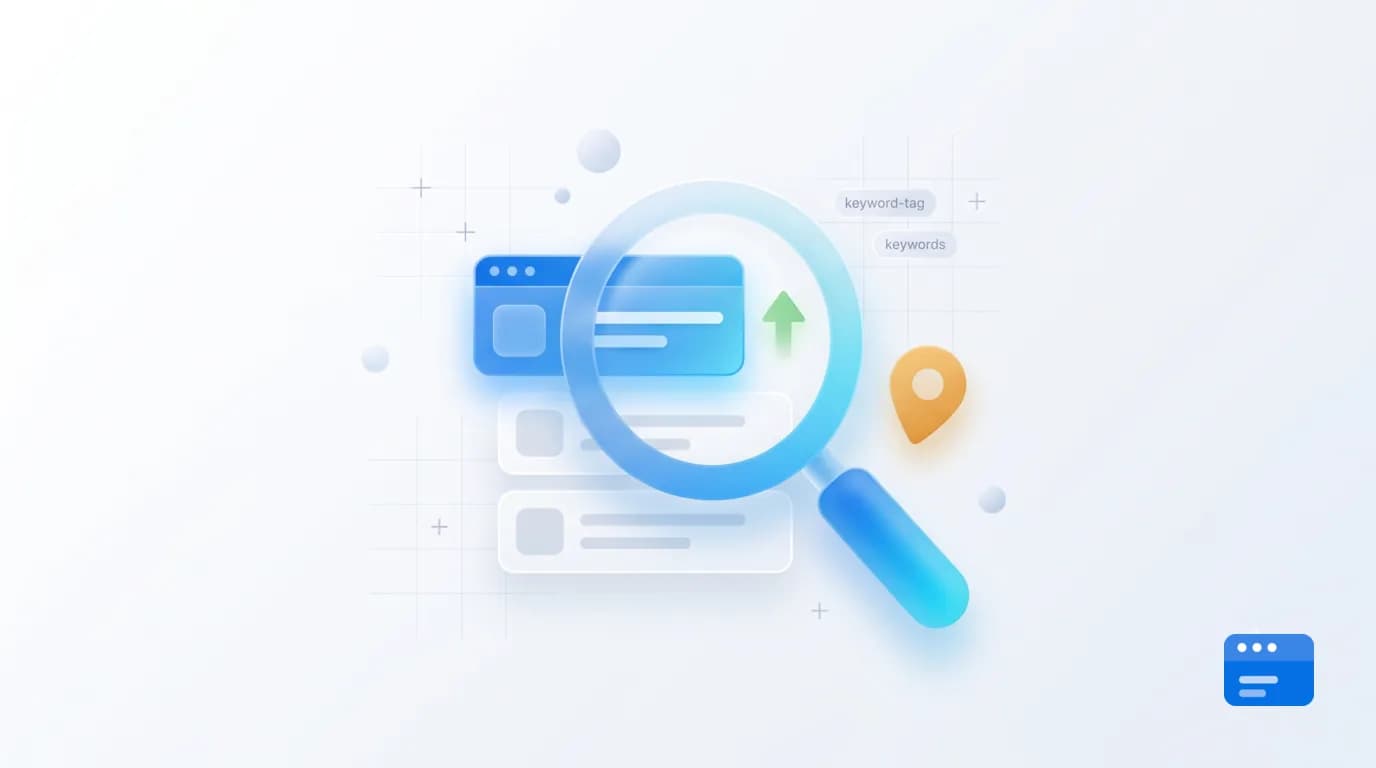 Gläserne 3D-Illustration einer Lupe über Suchergebnissen mit einem nach oben steigenden Browserfenster und Karten-Pin – Symbol für SEO-Grundlagen für Kleinunternehmen