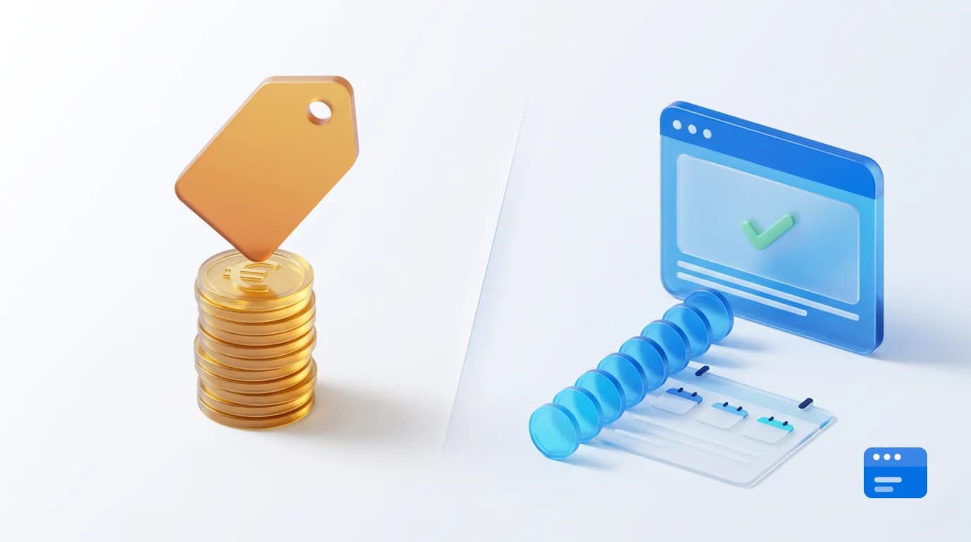 Gläserne 3D-Illustration: hoher Stapel Goldmünzen mit Preisschild gegenüber einer Reihe kleiner monatlicher Münzen und einem Browserfenster – Vergleich von Agentur-Einmalkosten und Website-Abo
