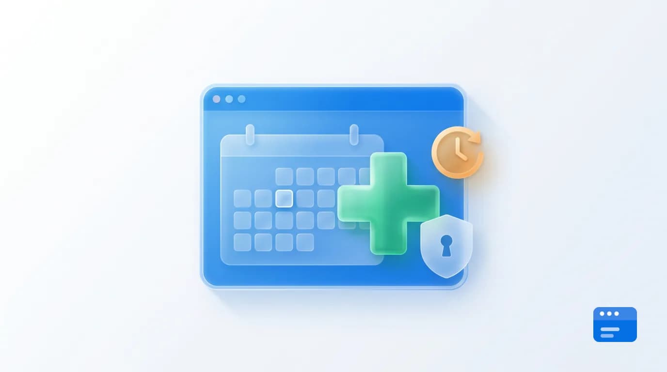 Gläserne 3D-Illustration eines Browserfensters mit Terminkalender, medizinischem Kreuz und Schutzschild – Symbol für eine vertrauenswürdige, datenschutzkonforme Arztpraxis-Website