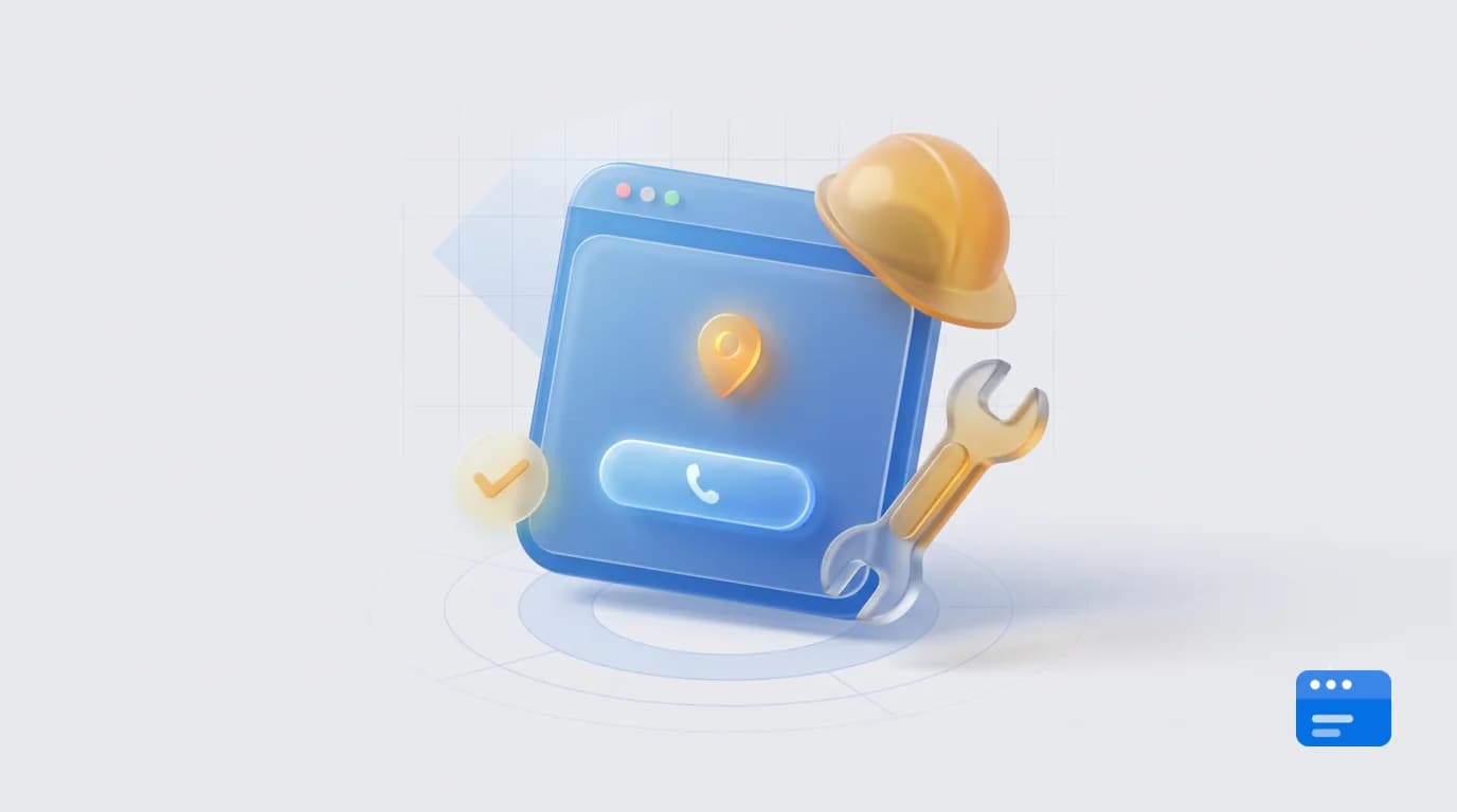 Gläserne 3D-Illustration eines Smartphone-Browserfensters mit Anruf-Button, Karten-Pin und Handwerkzeug (Helm, Schraubenschlüssel) – Symbol für eine lokal auffindbare Handwerker-Website