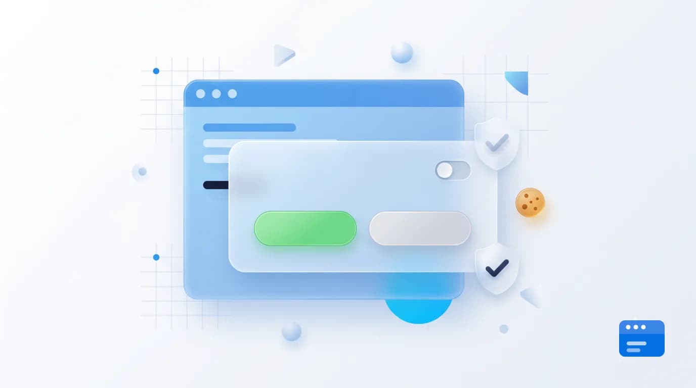 Gläserne 3D-Illustration eines Consent-Banners mit gleichwertigen Zustimmen- und Ablehnen-Buttons, Schalter und Schutzschild vor einem Browserfenster – Symbol für einen DSGVO-konformen Cookie-Banner