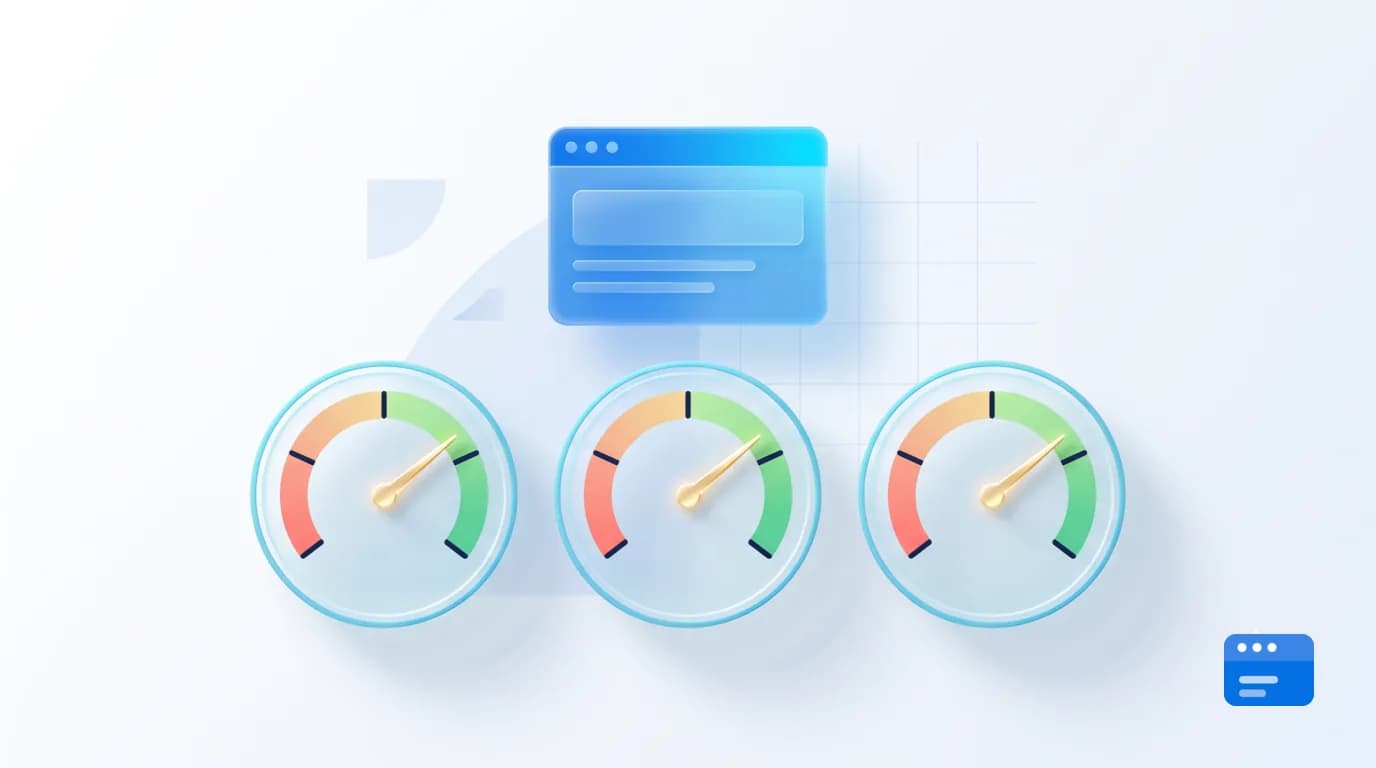 Gläserne 3D-Illustration von drei Messuhren im grünen Bereich vor einem Browserfenster – Symbol für die drei Core Web Vitals LCP, INP und CLS im guten Bereich