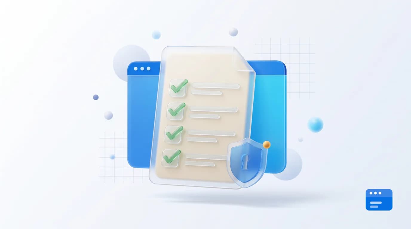 Gläserne 3D-Illustration eines Datenschutz-Dokuments mit abgehakter Checkliste, Schutzschild mit Schloss und Browserfenster – Symbol für die Pflichtangaben einer Datenschutzerklärung