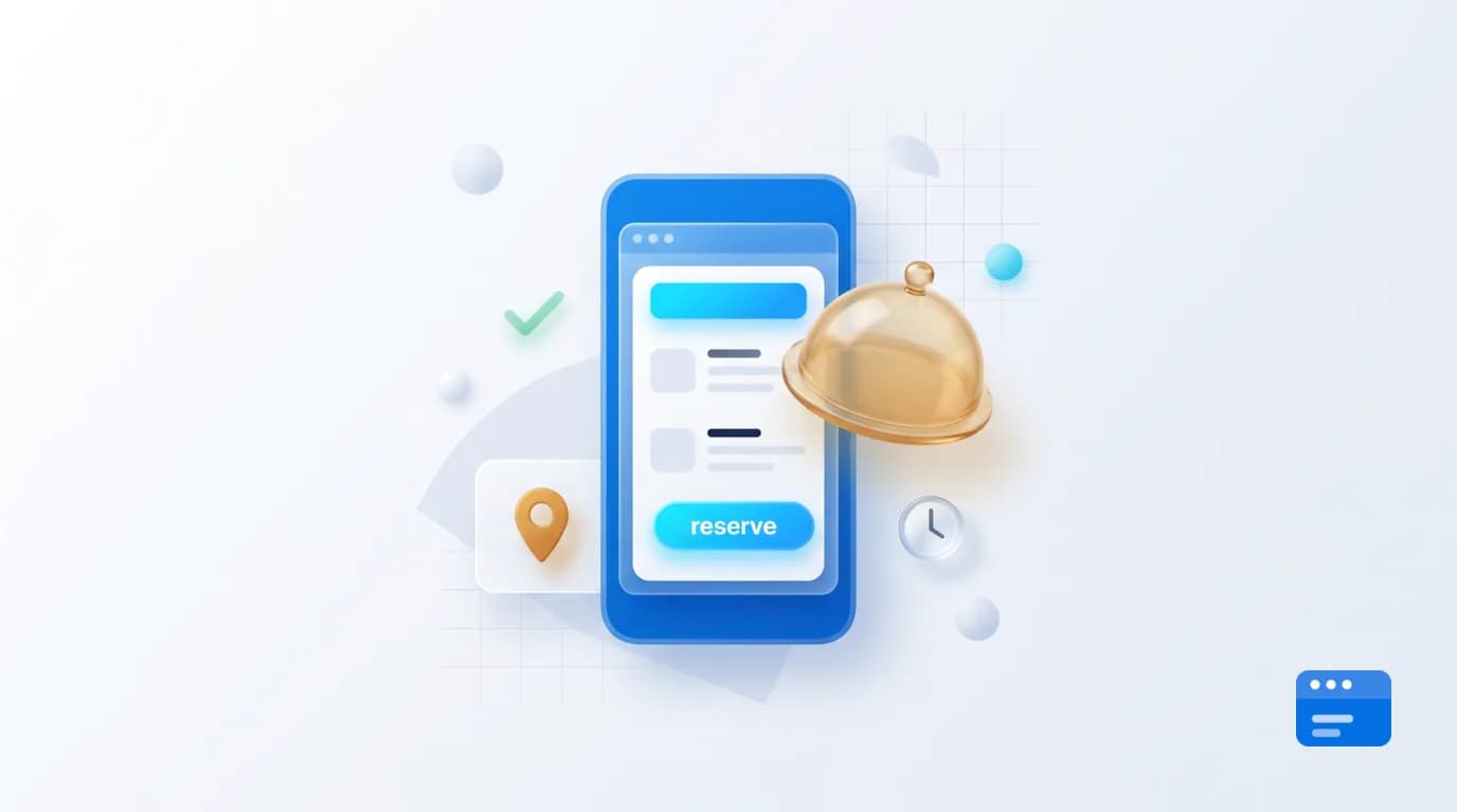 Gläserne 3D-Illustration eines Smartphone-Browserfensters mit Speisekarte und Reservieren-Button, goldener Speiseglocke und Karten-Pin – Symbol für eine appetitliche, lokal auffindbare Restaurant-Website