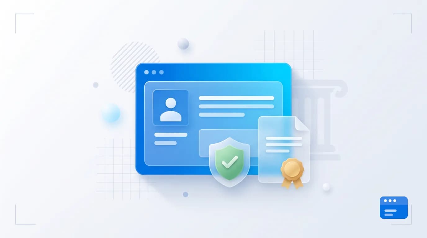 Gläserne 3D-Illustration eines seriösen Browserfensters mit Schutzschild, Siegel-Dokument und dezenter Säulen-Silhouette – Symbol für eine vertrauenswürdige Website für Steuerberater und Kanzleien
